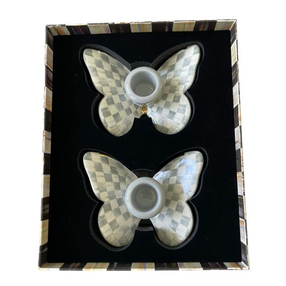 Brand New Mackenzie-Childs Sterling Check Butterfly Candle Holders Set of 2 - Picture 12 of 12